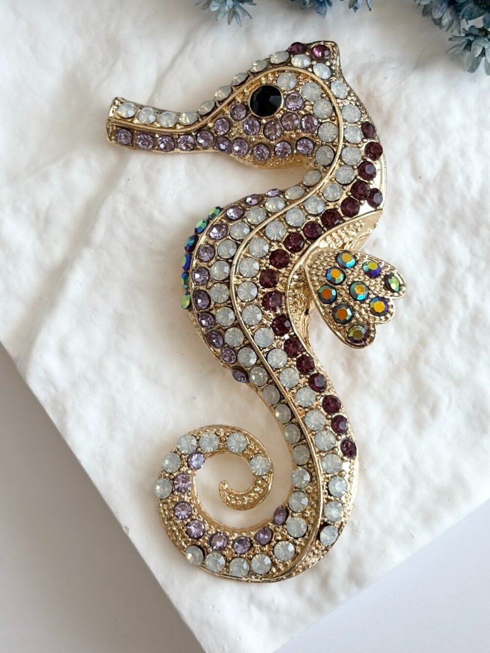Seahorse Rainbow Rhinestone Gold Toned Jumbo Vintage Inspired Brooch Pin
